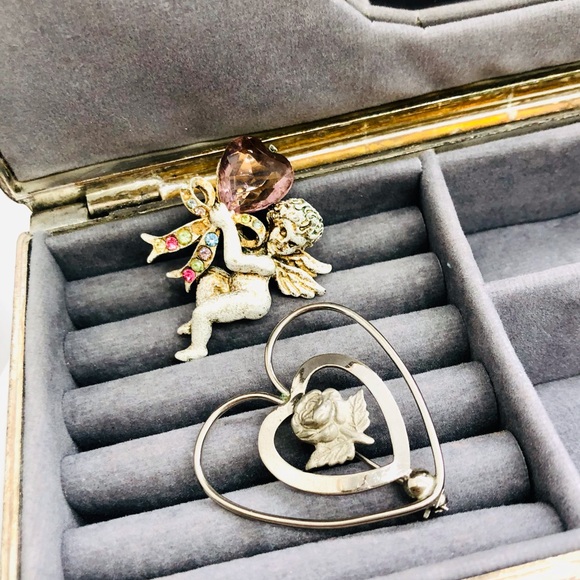 Vintage Nouveau Cherub Heart Rhinestone Angel Brooch & Sterling Heart Brooch - Picture 2 of 9